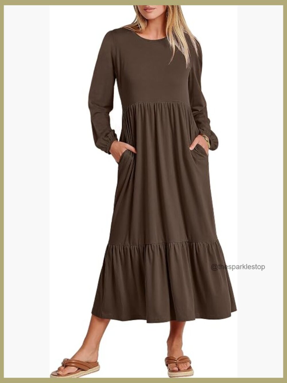 Long Sleeve Crewneck Tiered A Line Midi Dress with Pockets - Soft Lightweight